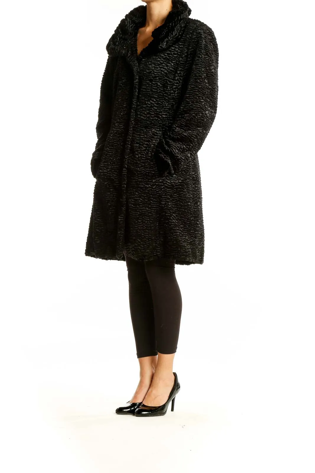 Black Textured Faux Fur Coat