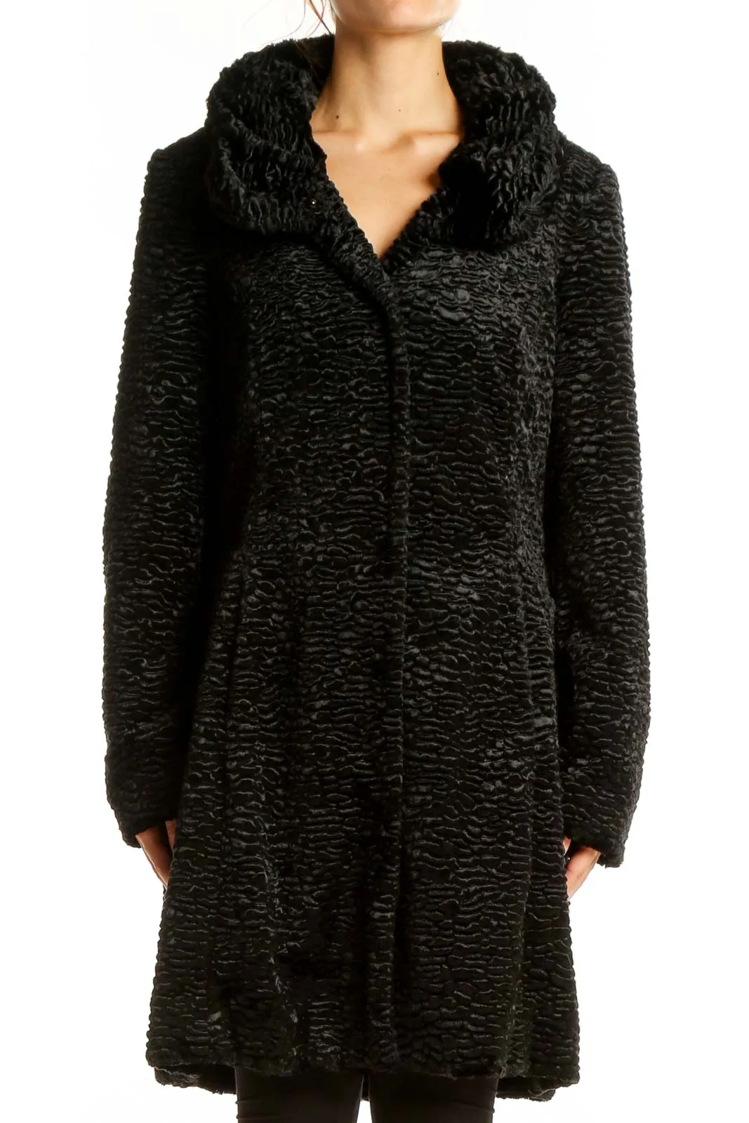 Black Textured Faux Fur Coat