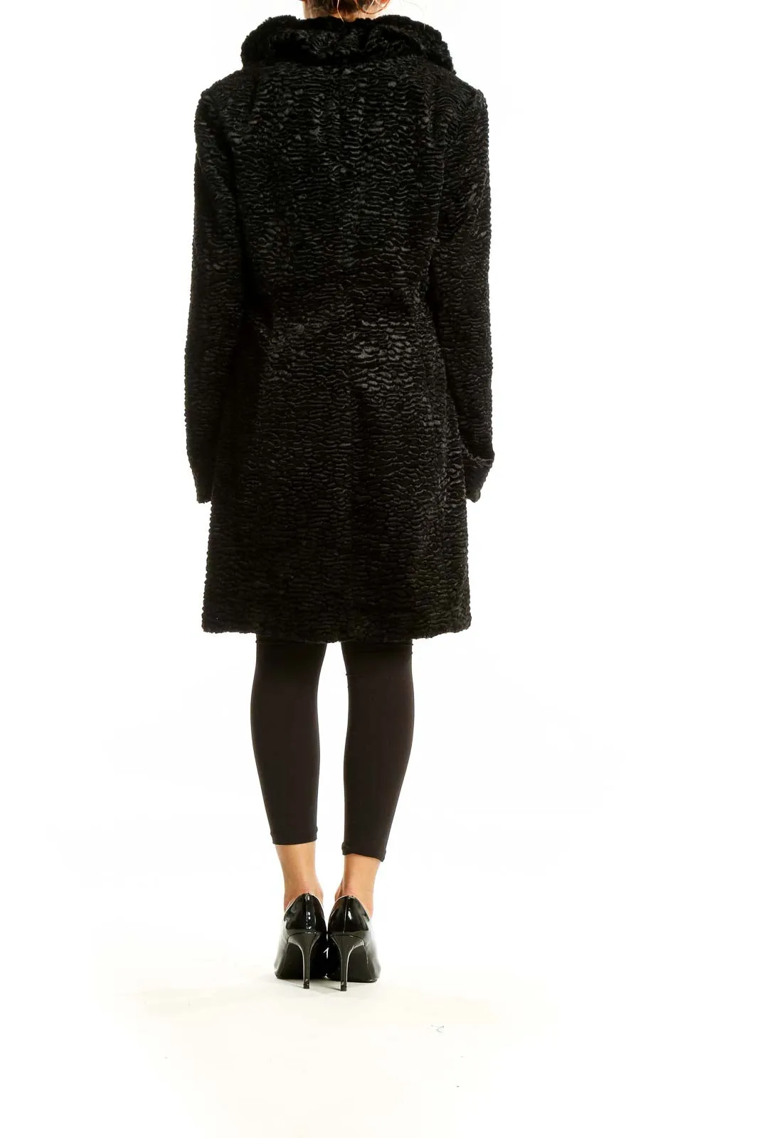 Black Textured Faux Fur Coat