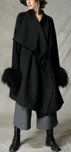 Black Wool-Blend Coat with Fur Cuffs