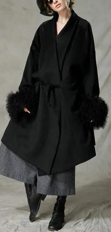 Black Wool-Blend Coat with Fur Cuffs