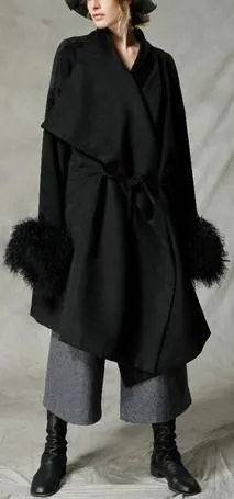 Black Wool-Blend Coat with Fur Cuffs