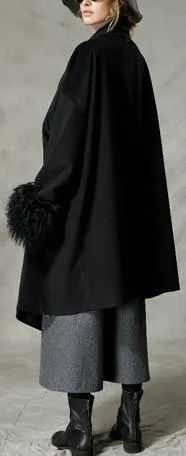Black Wool-Blend Coat with Fur Cuffs