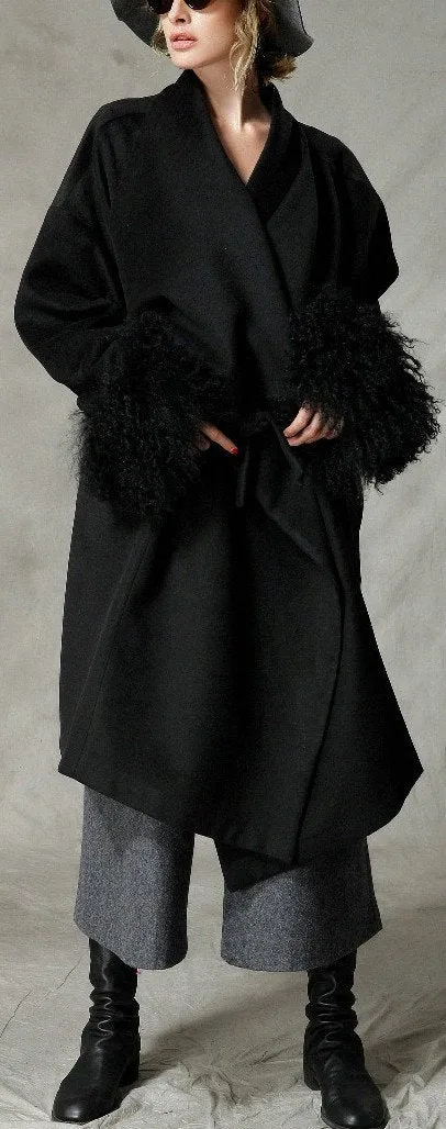 Black Wool-Blend Coat with Fur Cuffs