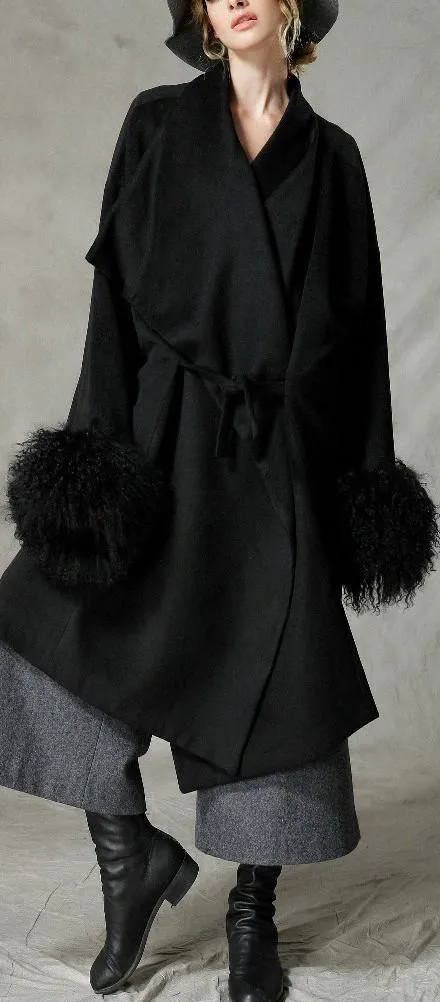 Black Wool-Blend Coat with Fur Cuffs