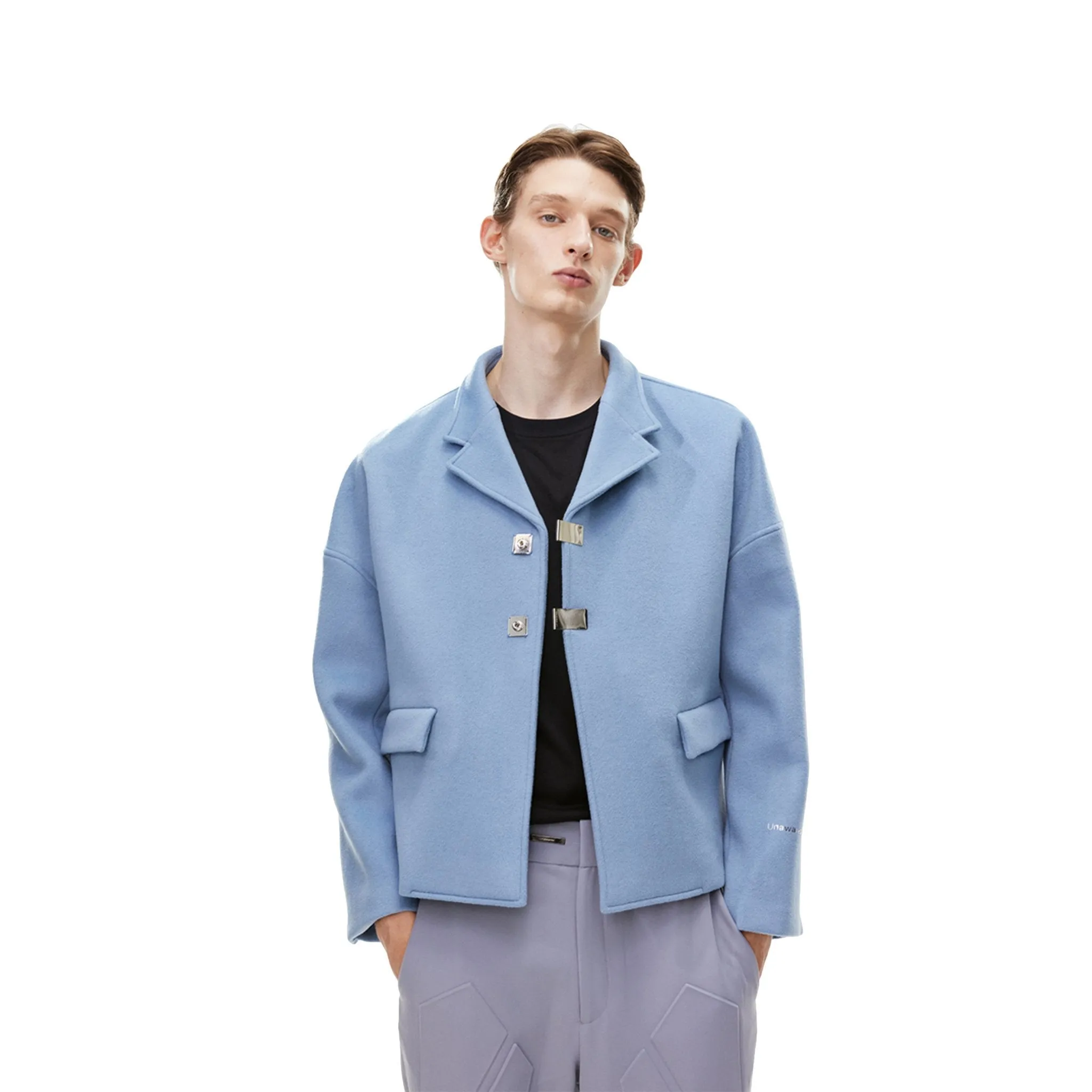 Double Row Custom Adjustable Button Short Woolen Jacket Blue