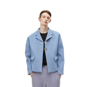 Double Row Custom Adjustable Button Short Woolen Jacket Blue