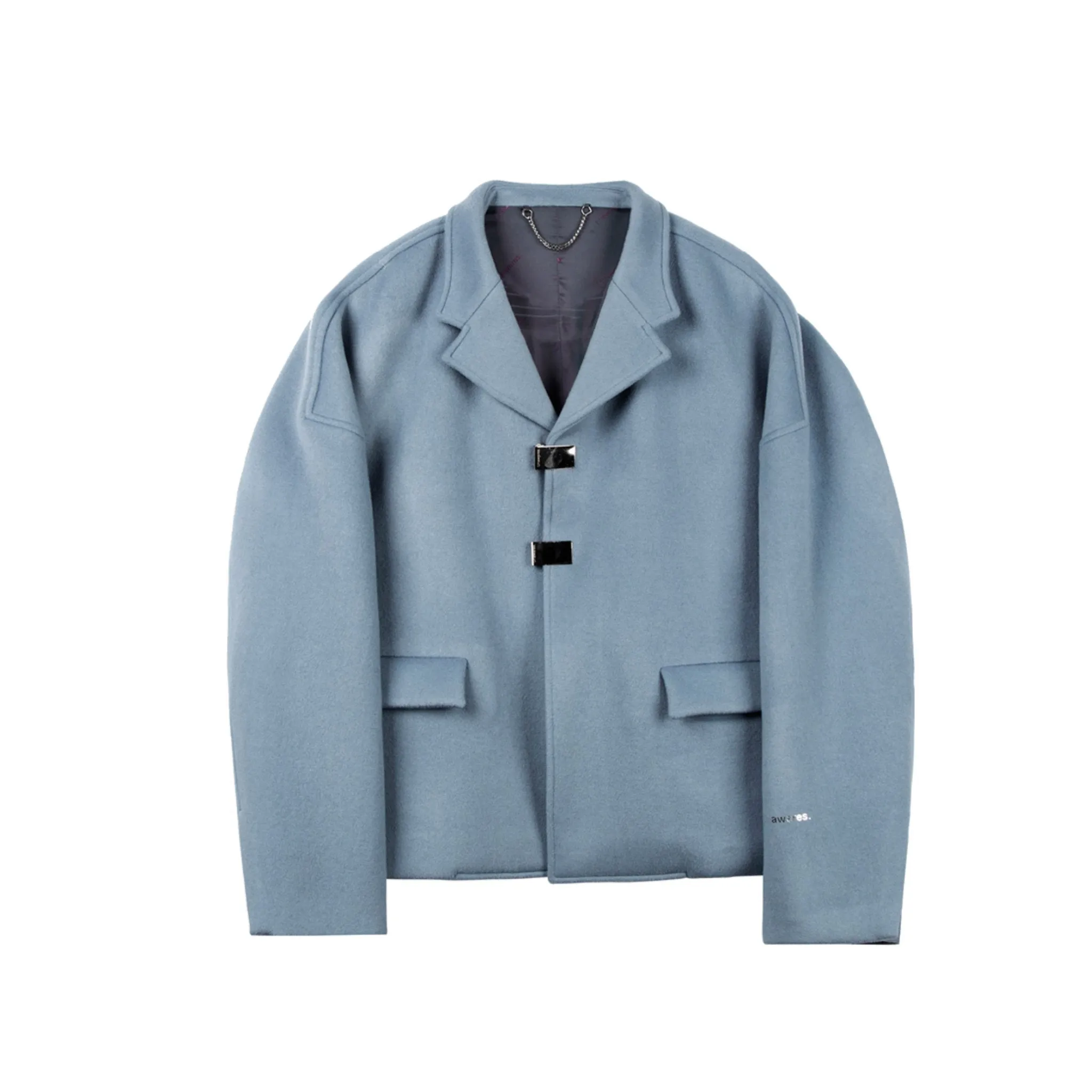 Double Row Custom Adjustable Button Short Woolen Jacket Blue