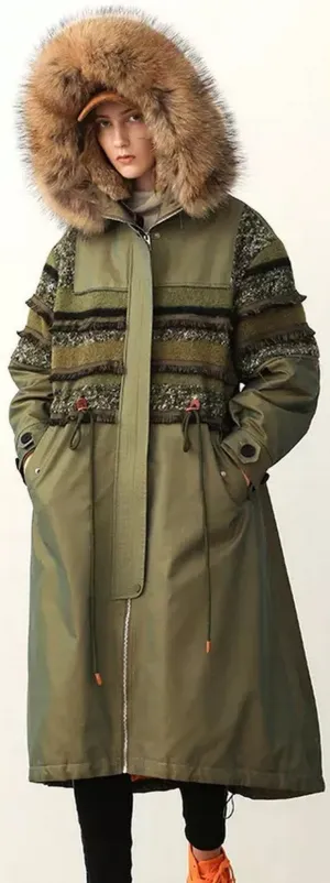 Fur-Hooded Embroidered Down Parka Coat