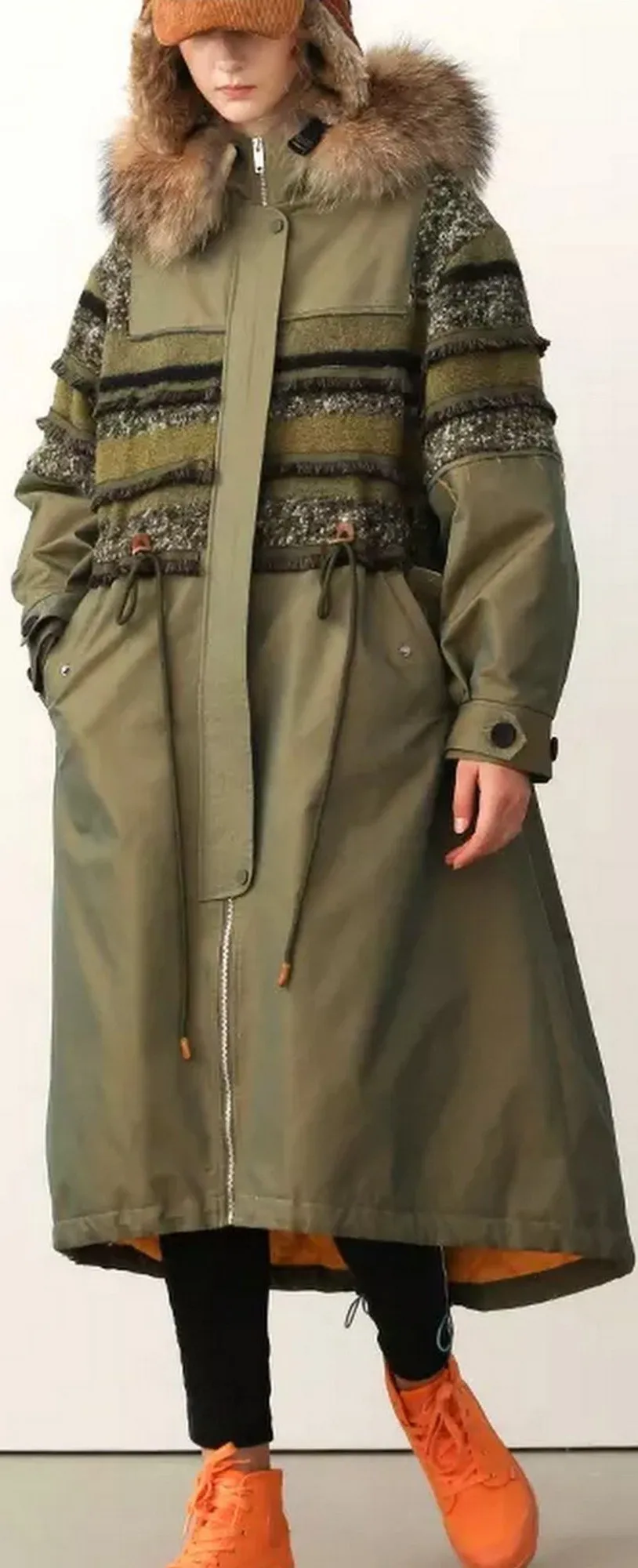 Fur-Hooded Embroidered Down Parka Coat