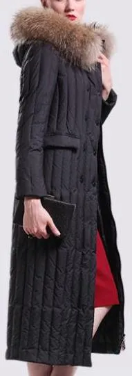 Fur-Hooded Long Paneled Down Coat in Black