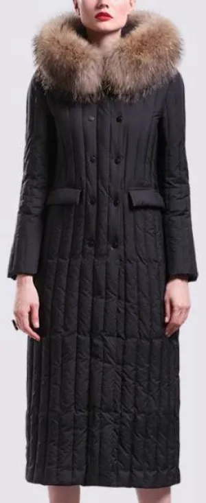 Fur-Hooded Long Paneled Down Coat in Black