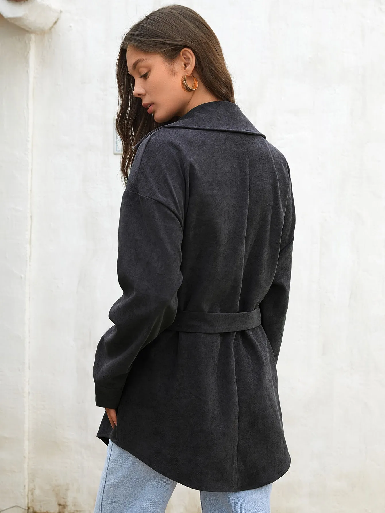 Plain Button Front Long Sleeve Collar Short Women Coat