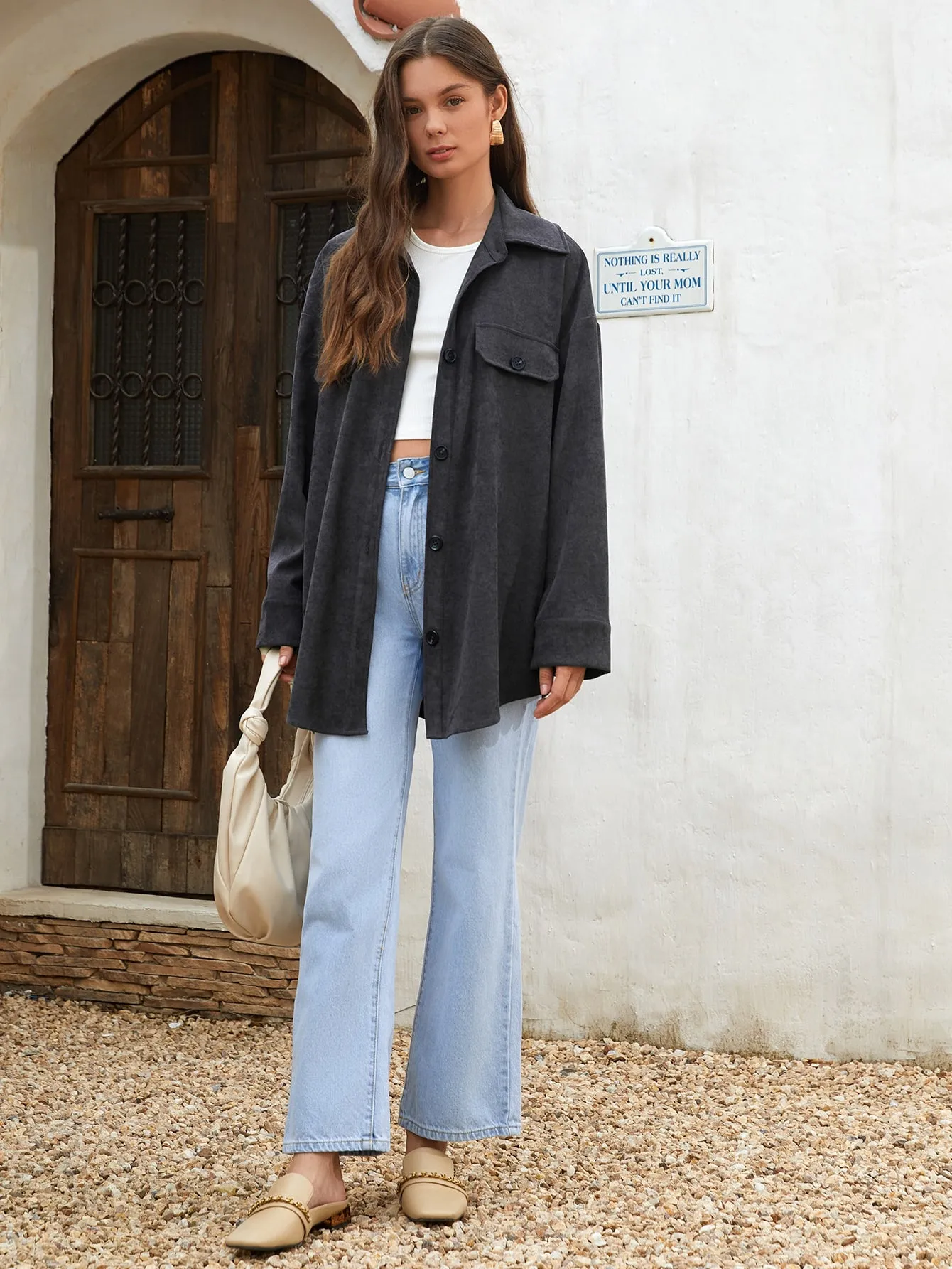 Plain Button Front Long Sleeve Collar Short Women Coat